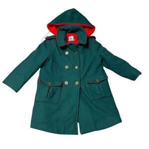Rare VTG 60s 70 Girls Wool Coat Hooded Green Red Lined Town & Country Size 7 USA